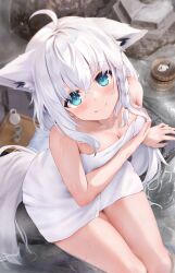 Rule 34 | 1girl, absurdres, ahoge, animal ears, blush, breasts, bucket, choko (cup), cleavage, closed mouth, commentary request, covering privates, covering breasts, cup, fox ears, fox tail, from above, hair between eyes, highres, hololive, long hair, looking at viewer, medium breasts, naked towel, onsen, paid reward available, shirakami fubuki, sitting, smile, soaking feet, solo, tail, tareme, thighs, tokkuri, towel, uechin ewokaku, virtual youtuber, wet, white hair