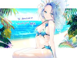 Rule 34 | 1girl, animal print, beach, bikini, blue bikini, blue butterfly, blue eyes, breasts, bug, butterfly, butterfly print, cleavage, commentary, commission, english commentary, halo, head tilt, highres, indie virtual youtuber, insect, jewelry, looking at viewer, medium breasts, medium hair, midriff, monarch (amalee), navel, necklace, ocean, parted bangs, second-party source, shizuya (szy tw), sitting, skeb commission, smile, solo, swimsuit, tree, virtual youtuber