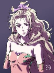 Rule 34 | 1girl, bare shoulders, blonde hair, breasts, cape, closed mouth, detached sleeves, dress, earrings, expressionless, final fantasy, final fantasy vi, jewelry, kurita shin&#039;ichi, long hair, looking at viewer, ponytail, purple eyes, ribbon, simple background, solo, tina branford