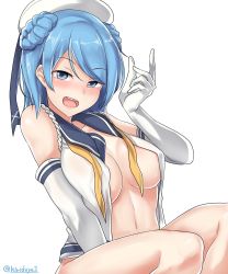 Rule 34 | 1girl, absurdres, areola slip, bare shoulders, between legs, blue eyes, blue hair, blush, breasts, collarbone, double bun, elbow gloves, gloves, hair bun, hand between legs, hat, highres, kantai collection, kiritto, large breasts, long hair, looking at viewer, navel, neckerchief, no pants, open clothes, sailor collar, sailor hat, simple background, solo, twitter username, undone neckerchief, urakaze (kancolle), white background, white gloves, white hair