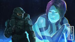 Rule 34 | 1boy, 1girl, absurdres, armor, artist name, assault visor, blue hair, blue lips, blue skin, colored skin, commentary, cortana, english commentary, frown, giant, giantess, halo (series), highres, holding, hologram, looking back, looking to the side, master chief, parted bangs, power armor, soul ant19, spartan (halo)