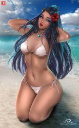 Rule 34 | 1girl, aqua eyes, armlet, arms behind head, arms up, artist name, bare shoulders, beach, bikini, blue hair, blue sky, blurry, blurry background, blush, breasts, cloud, collarbone, creatures (company), dark-skinned female, dark skin, day, eyeshadow, female focus, full body, game freak, gym leader, hair ornament, happy, heart, heart o-ring, highres, jewelry, kneeling, large breasts, legs together, lips, long hair, looking at viewer, makeup, merellyne, multicolored hair, navel, necklace, nessa (pokemon), nintendo, nipples, ocean, open mouth, outdoors, patreon logo, patreon username, pokemon, pokemon swsh, sand, see-through, seiza, side-tie bikini bottom, signature, sitting, sky, smile, solo, stomach, swimsuit, teeth, topknot, two-tone hair, underboob, water, watermark, web address, white bikini, wide hips