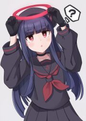Rule 34 | 1girl, :o, ?, black choker, black gloves, black sailor collar, black serafuku, black skirt, blue archive, blunt bangs, choker, collarbone, commentary request, gloves, halo, hat, highres, hime cut, justice task force member (blue archive), long hair, long sleeves, neckerchief, pleated skirt, red eyes, red halo, red neckerchief, sailor collar, school uniform, serafuku, skirt, solo, spoken question mark, sumice