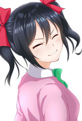 Rule 34 | 1girl, black hair, bow, bowtie, cardigan, closed eyes, commentary request, green bow, green bowtie, grin, hair bow, highres, love live!, love live! school idol project, oshiruko kizoku, otonokizaka school uniform, pink cardigan, red bow, school uniform, simple background, smile, solo, striped bow, striped bowtie, striped clothes, striped neckwear, teeth, twintails, upper body, white background, yazawa nico