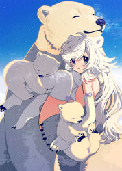 Rule 34 | 1girl, animal ears, animal hands, bear, bear ears, bear girl, blush, breasts, breath, expressionless, from side, gloves, highres, keishin, knees up, long hair, looking at viewer, original, paw gloves, polar bear, shadow, sideboob, solo, swept bangs, thighhighs, white hair, white thighhighs