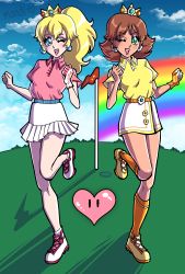 Rule 34 | 2girls, absurdres, artist name, belt, blonde hair, blue eyes, breasts, brown hair, collared shirt, crown, day, earrings, flower earrings, full body, gloves, golf, grass, grin, heart, highres, jewelry, legs, lipstick, looking at viewer, makeup, mario (series), mario golf, mario golf: super rush, multiple girls, nintendo, one eye closed, open mouth, ponytail, princess daisy, princess peach, rainbow, shirt, shoes, skirt, smile, tomboy, wink