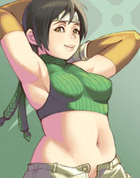 Rule 34 | 1990s (style), 1girl, armpits, arms up, bad id, bad pixiv id, bare shoulders, belly, black hair, breasts, brown eyes, crop top, final fantasy, final fantasy vii, fishnets, forehead protector, gloves, headband, lips, looking at viewer, maou alba, medium breasts, midriff, navel, open fly, plump, retro artstyle, shorts, sleeveless, sleeveless turtleneck, solo, turtleneck, unzipped, yuffie kisaragi