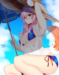 Rule 34 | 10s, 1girl, animal ears, arm up, armpits, artist name, beach umbrella, bikini, bikini under clothes, blue bikini, blush, breasts, cloud, cloudy sky, commentary request, dated, day, ears through headwear, fate/extra, fate/grand order, fate (series), fox ears, fox tail, hand on headwear, hand on own head, hat, highres, hip focus, holding, legs, long hair, looking at viewer, looking to the side, medium breasts, nebusoku, outdoors, parasol, parted lips, pink hair, see-through, shirt, side-tie bikini bottom, signature, sky, solo, squatting, straw hat, swimsuit, t-shirt, tail, tamamo (fate), tamamo no mae (fate/extra), tamamo no mae (swimsuit lancer) (fate), tamamo no mae (swimsuit lancer) (second ascension) (fate), thighs, twitter username, umbrella, wet, wet clothes, wet shirt, yellow eyes