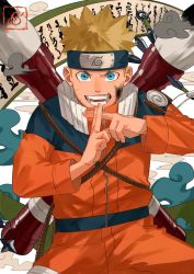 Rule 34 | 1boy, aged down, blonde hair, blue eyes, brush, cloud, collar, facial mark, forehead protector, highres, kuji-in, looking at viewer, lying, male focus, mirin (coene65), naruto, naruto (series), ninja, on back, open mouth, oversized object, paint, paint splatter, paint splatter on face, rope, scroll background, shadow, smile, solo, spiked hair, upper body, uzumaki naruto, whisker markings