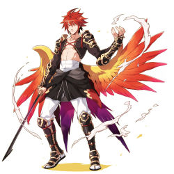 Rule 34 | 1boy, boots, frown, full body, knee boots, kyousaku, male focus, multicolored wings, mygrimoire, original, pants, red hair, sarashi, smoke, solo, spiked hair, sword, topless male, waka-sama (mygrimoire), weapon, white background, wings