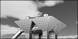 Rule 34 | aoki hagane no arpeggio, building, cloud, commentary request, greyscale, kaname aomame, monochrome, no humans, sky, tokyo big sight, window
