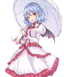 Rule 34 | 1girl, :d, alternate costume, bat wings, black wings, blue hair, blush, bow, bowtie, breasts, cowboy shot, dress, fang, frilled dress, frilled sleeves, frills, juliet sleeves, junior27016, long sleeves, looking at viewer, no headwear, open mouth, parasol, pointy ears, puffy sleeves, red bow, red bowtie, red eyes, remilia scarlet, short hair, simple background, small breasts, smile, solo, standing, touhou, umbrella, white background, white dress, wings