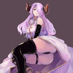 Rule 34 | 10s, 1girl, absurdres, ass, bare shoulders, black gloves, black panties, black thighhighs, braid, breasts, cow girl, cow horns, elbow gloves, female focus, gloves, granblue fantasy, hair ornament, hair over one eye, highres, horns, large breasts, long hair, looking at viewer, makanari, narmaya (granblue fantasy), panties, pointy ears, purple eyes, purple hair, shirt, simple background, sitting, solo, thighhighs, thighs, underwear