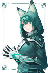 Rule 34 | 1girl, absurdres, animal hood, blush, cloak, closed mouth, commentary, earrings, female focus, fingers together, from side, gloves, green eyes, green hair, green theme, highres, hood, hood up, hooded cloak, jewelry, long sleeves, looking at viewer, looking to the side, matching hair/eyes, nintendo, pneuma (xenoblade), redpoke, romaji commentary, smile, solo, spoilers, upper body, white background, white gloves, xenoblade chronicles (series), xenoblade chronicles 2