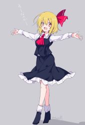 Rule 34 | 1girl, artist name, ascot, bad id, bad pixiv id, black footwear, black skirt, blonde hair, blouse, bow, fang, frilled skirt, frills, grey background, hair bow, hair ribbon, hands up, is that so, long sleeves, messy hair, outstretched arms, red ascot, red bow, red eyes, red ribbon, ribbon, rumia, shirt, short hair, skirt, solo, spread arms, touhou, vest, white legwear, white shirt, wing collar, yukimiya (parupunta)