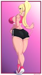 Rule 34 | 1girl, absurdres, ass, bare shoulders, black shorts, blonde hair, blue eyes, border, breasts, closed mouth, from behind, full body, gradient background, highres, large breasts, long hair, looking at viewer, midriff, original, pink background, pink footwear, ponytail, purple background, red border, shiny skin, shoes, shorts, smile, sneakers, solo, sports bra, sportswear, standing, tippydoodles, white border