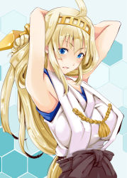 Rule 34 | 10s, 1girl, ahoge, alternate color, alternate hair color, armpits, arms up, blonde hair, blue eyes, hanchou (shirokun555), headgear, hex grid, honeycomb (pattern), honeycomb background, honeycomb pattern, kantai collection, kongou (kancolle), long hair, low-tied long hair, nontraditional miko, solo, very long hair