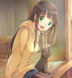 Rule 34 | 1girl, :d, animal, arm support, black cat, black hair, black pantyhose, blunt bangs, blush, cat, chito (flying witch), commentary request, flying witch, green eyes, hana (hanashima), hood, hoodie, kowata makoto, long hair, long sleeves, looking at viewer, open mouth, pantyhose, shorts, sidelocks, sitting, smile, solo, table, wooden floor, yellow hoodie