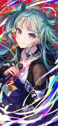 Rule 34 | 1girl, absurdres, aqua eyes, aqua hair, breasts, choker, cleavage, closed mouth, collarbone, hatsune miku, highres, holding, holding microphone, hood, hood down, hooded jacket, jacket, long hair, looking at viewer, medium breasts, microphone, open clothes, open jacket, project sekai, smile, solo, vivid bad squad (project sekai), vivid bad squad miku, vocaloid, yuzuha wasa