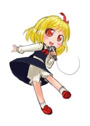 Rule 34 | 1girl, blonde hair, bloomers, blush, chibi, embodiment of scarlet devil, female focus, hair ribbon, microphone, open mouth, outstretched arm, red eyes, ribbon, rumia, short hair, skirt, solo, tao, tao (kadoya), touhou, underwear, white bloomers