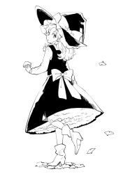 Rule 34 | 1girl, black hat, black skirt, black vest, boots, bow, braid, full body, ginkgo leaf, greyscale, hair bow, hat, hat bow, high heels, holding, holding mushroom, kirisame marisa, leaf, long hair, long sleeves, looking at viewer, looking back, monochrome, mushroom, natsume (menthol), shirt, simple background, skirt, solo, touhou, vest, walking, white background, white shirt, witch hat