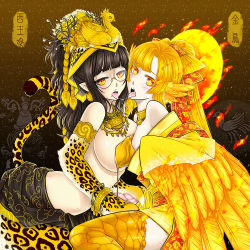 Rule 34 | 1boy, 1girl, androgynous, animal hands, antaria, arched back, asymmetrical docking, bird, black hair, blonde hair, blunt bangs, blush, bracelet, breast press, breasts, character name, chinese clothes, chinese mythology, cover image, feathers, glasses, harpy, hetero, hime cut, huge breasts, jewelry, jinwu, long hair, lots of jewelry, monster girl, open mouth, personification, pointy ears, saliva, saliva trail, tail, tiger paws, tiger tail, tongue, tongue out, trap, xi wangmu, yatagarasu