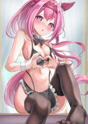 Rule 34 | 1girl, absurdres, alternate costume, apron, armpits, blush, breasts, cleavage, haru urara (umamusume), heart, heart hands, highres, long hair, looking at viewer, maid, open mouth, pink eyes, pink hair, ponytail, ribbon, simple background, sitting, small breasts, solo, swimsuit, thighhighs, umamusume, waity awa, white background