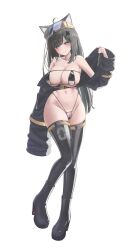Rule 34 | 1girl, absurdres, ahoge, animal ears, bare shoulders, bikini, black footwear, black hair, black jacket, black thighhighs, blush, boots, breasts, cleavage, closed mouth, commission, eyepatch bikini, goggles, goggles on head, grey eyes, hair ornament, highres, jacket, large breasts, long hair, looking at viewer, micro bikini, navel, original, removing jacket, sideboob, simple background, smile, solo, stomach, swimsuit, thighhighs, underboob, white background, x hair ornament, yuzabeecha