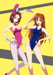 Rule 34 | 2girls, animal ears, bow, bowtie, breasts, brown hair, cameltoe, cleavage, code geass, competition swimsuit, detached collar, fake animal ears, female focus, hand on own hip, highleg, highleg swimsuit, highres, kouzuki kallen, leotard, long hair, looking at viewer, multiple girls, onaya masakazu, one-piece swimsuit, pantyhose, playboy bunny, rabbit ears, red hair, salute, shirley fenette, short hair, simple background, smile, swimsuit, wrist cuffs, yellow eyes