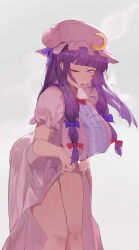 Rule 34 | 1girl, absurdres, blunt bangs, bow, breasts, clothes lift, crescent, crescent moon, crescent pin, dress, dress lift, fish (red star child), hair bow, hat, highres, large breasts, lifting own clothes, long hair, looking at viewer, mob cap, moon, one eye closed, open mouth, patchouli knowledge, pink dress, pink hat, purple eyes, purple hair, red bow, sidelocks, simple background, skirt hold, solo, sweat, thighs, touhou, white background