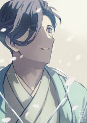 Rule 34 | 1boy, black eyes, black hair, blue jacket, eyes visible through hair, falling petals, fate/grand order, fate (series), grey background, grey kimono, hair over one eye, hair pulled back, haori, highres, jacket, japanese clothes, kimono, looking up, male focus, parted lips, petals, short hair, smile, solo, teria (teriarian), upper body, yamanami keisuke (fate)