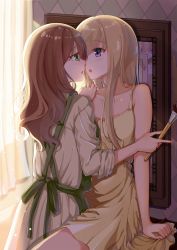 Rule 34 | 2girls, after kiss, apron, baozha gangbi, blonde hair, brown hair, camisole, commentary request, curtains, dress, eye contact, fingernails, green apron, green eyes, hand on another&#039;s shoulder, highres, long hair, looking at another, multiple girls, original, paintbrush, purple eyes, saliva, saliva trail, sitting, standing, white dress, yellow camisole, yuri