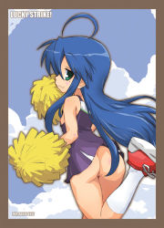 Rule 34 | 00s, 1girl, ahoge, ass, blue hair, cheerleader, cloud, cover, cover page, day, flat chest, green eyes, hermmy, izumi konata, lowres, lucky star, mole, mole under eye, nipples, no panties, pom pom (cheerleading), profile, solo
