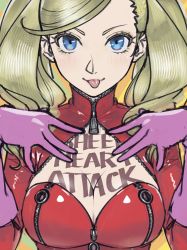 Rule 34 | 1girl, blonde hair, blue eyes, bodysuit, breasts, catsuit, cleavage, cleavage cutout, clothing cutout, earrings, english text, hair ornament, hairclip, highres, jacket, jewelry, large breasts, leather, leather jacket, lipstick, long hair, long sleeves, makeup, persona, persona 5, poechan chan, red lips, smile, solo, sparkle, takamaki anne, tongue, tongue out, twintails, upper body, yellow background, zipper