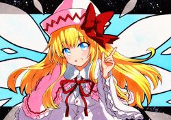 Rule 34 | 1girl, blonde hair, blue background, blue eyes, fairy, fairy wings, hat, lily white, qqqrinkappp, ribbon, solo, touhou, traditional media, wings