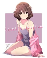 Rule 34 | 1girl, :o, barefoot, breasts, brown eyes, brown hair, collarbone, commentary request, copyright name, dated, hibike! euphonium, highres, long sleeves, looking at viewer, loungewear, nii manabu, oumae kumiko, purple background, short hair, signature, sitting, small breasts, solo, thighs, toes, two-tone background, white background