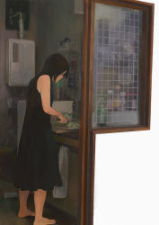 Rule 34 | bare shoulders, barefoot, cooking, dress, kumaori jun, lettuce, original, solo, standing, window