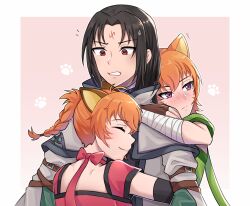 Rule 34 | 1boy, 2girls, animal ears, arm wrap, blush, cat ears, cat girl, cat tail, closed eyes, closed mouth, coat, collar, commentary, english commentary, facial mark, fire emblem, fire emblem: path of radiance, fire emblem: radiant dawn, forehead mark, green shirt, highres, holding, hug, lethe (fire emblem), lyre (fire emblem), multiple girls, neck ribbon, nintendo, orange hair, pink shirt, purple eyes, red eyes, ribbon, shirt, siblings, sisters, smile, soren (fire emblem), sweatdrop, tail, twins, witchi
