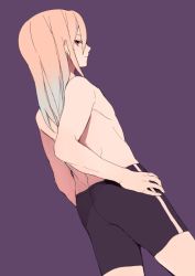 Rule 34 | 1boy, afuro terumi, bike shorts, blue hair, dutch angle, from behind, inazuma eleven, inazuma eleven (series), long hair, male focus, multicolored hair, red eyes, simple background, solo, tokio neo, topless male, two-tone hair