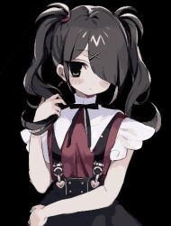 Rule 34 | 1girl, ame-chan (needy girl overdose), black background, black eyes, black hair, black ribbon, black skirt, closed mouth, collar, collared shirt, hair ornament, hair over one eye, hair tie, hairclip, hand on own hip, hand up, heart, holding, holding hair, kmnk (kumanuko), looking at viewer, neck ribbon, needy girl overdose, pixel art, red shirt, ribbon, shirt, shirt tucked in, simple background, skirt, solo, suspender skirt, suspenders, twintails, white collar, x hair ornament