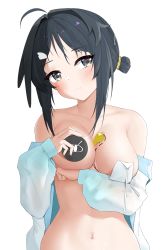 Rule 34 | 1girl, ahoge, arknights, bare shoulders, between breasts, bikini, black hair, blush, breasts, breasts out, cleavage, closed mouth, collarbone, feather hair ornament, feathers, grey eyes, hair bun, hair intakes, hair ornament, highres, holding, jacket, la pluma (arknights), la pluma (summer flowers) (arknights), large breasts, long sleeves, looking at viewer, navel, off shoulder, official alternate costume, one breast out, open clothes, open jacket, pasties, short hair, simple background, single hair bun, single side bun, solo, swimsuit, untied bikini, whistle, white background, white bikini, white jacket, wing hair ornament, zerotwenty (020)