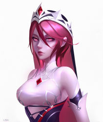 Rule 34 | 1girl, absurdres, alisa nilsen, artist name, bare shoulders, breasts, closed mouth, genshin impact, highres, large breasts, looking at viewer, red eyes, red hair, rosaria (genshin impact), short hair, simple background, solo, upper body, veil, white background