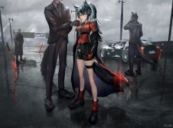Rule 34 | 1girl, 3boys, absurdres, animal ears, aqua necktie, arknights, black coat, black footwear, black hair, black jacket, black shorts, black suit, boots, breasts, car, coat, collared shirt, commentary, commentary request, formal, full body, gawako, gloves, grey sky, hair between eyes, hands in pockets, highres, highway, holding, holding lighter, holding phone, holding sword, holding weapon, jacket, lamppost, lighter, long hair, long sleeves, looking at viewer, loose necktie, medium breasts, motor vehicle, multiple boys, multiple swords, necktie, off shoulder, official alternate costume, open clothes, open jacket, out of frame, outdoors, phone, planted, planted sword, planted weapon, ponytail, red eyes, red gloves, red shirt, red socks, revision, road, road sign, shirt, shirt tucked in, shoes, shorts, sidelocks, sign, sky, socks, solo focus, striped necktie, suit, sword, tail, texas (arknights), texas (willpower) (arknights), thigh strap, thighs, watch, weapon, white shirt, wolf boy, wolf ears, wolf girl, wolf tail, wristwatch