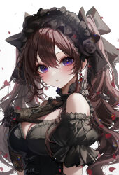 Rule 34 | 1girl, absurdres, bare shoulders, black dress, blue eyes, blush, bow, breasts, brown hair, cleavage, dress, earrings, flower, frilled dress, frills, gloves, gothic lolita, hair between eyes, hair bow, hairband, highres, ichinose shiki, idolmaster, idolmaster cinderella girls, jewelry, kudou (sikisiki0000), lace, lace-trimmed dress, lace-trimmed gloves, lace-trimmed hairband, lace trim, lolita fashion, looking at viewer, medium breasts, open mouth, petals, ribbon, rose petals, simple background, solo, twintails, wavy hair