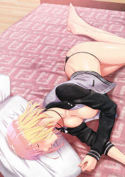 Rule 34 | 1girl, ass, barefoot, bed, bed sheet, black panties, blonde hair, breasts, butt crack, cleavage, collarbone, commentary request, closed eyes, highres, indoors, jacket, letterman jacket, long sleeves, lying, medium breasts, on bed, on side, original, panties, pillow, short hair, sleeping, solo, underwear, zaregoto tsukai no deshi