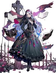 Rule 34 | 1girl, ark order, artist request, black dress, black flower, black footwear, black gloves, black rose, blue eyes, bubble, character request, cross, disgust, dress, fence, flower, frilled dress, frills, gloves, goth fashion, highres, juliet sleeves, long sleeves, puffy sleeves, purple flower, purple rose, rose, silver hair, tachi-e, thorns, transparent background, water
