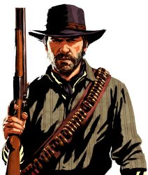 Rule 34 | 1boy, arthur morgan, bandolier, black hat, collared shirt, cowboy hat, facial hair, green shirt, gun, hat, highres, holding, holding gun, holding weapon, male focus, official art, red dead redemption 2, shell, shirt, simple background, solo, striped clothes, striped shirt, stubble, transparent background, upper body, vertical-striped clothes, vertical-striped shirt, weapon