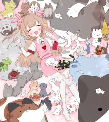 Rule 34 | &gt; &lt;, 1girl, :d, absurdres, akechi (akttube), animal, animal on chest, animal on lap, animal print, apron, armband, bandaged wrist, bandages, blush, cat, center frills, closed eyes, collared dress, commentary request, crossover, dress, drooling, frills, full body, hair ornament, heart, heart print, highres, horns, kappa, light brown hair, long hair, lying, mermaid, monster girl, mouth drool, natori sana, neko youkai, on back, on lap, oni horns, open mouth, pink apron, rabbit hair ornament, red armband, sana channel, sleeping, smile, solo, thighhighs, tiger print, too many, too many cats, two side up, virtual youtuber, white dress, white thighhighs