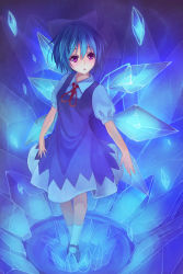Rule 34 | 1girl, alternate eye color, bad id, bad pixiv id, blue dress, blue hair, bow, catsmoon, cirno, dress, full body, glowing, glowing wings, hair bow, highres, ice, ice wings, puffy short sleeves, puffy sleeves, purple eyes, short sleeves, solo, standing, touhou, wings