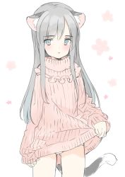 Rule 34 | 1girl, animal ears, bad id, bad twitter id, blue eyes, blush, cat ears, cat tail, clothes lift, cowboy shot, dress, dress lift, floral background, grey background, grey hair, hashimoto mari, long hair, looking at viewer, mari (rubymaririn), original, parted lips, ribbed sweater, simple background, sketch, skirt, skirt lift, solo, sweater, sweater dress, sweater lift, tail, thighs